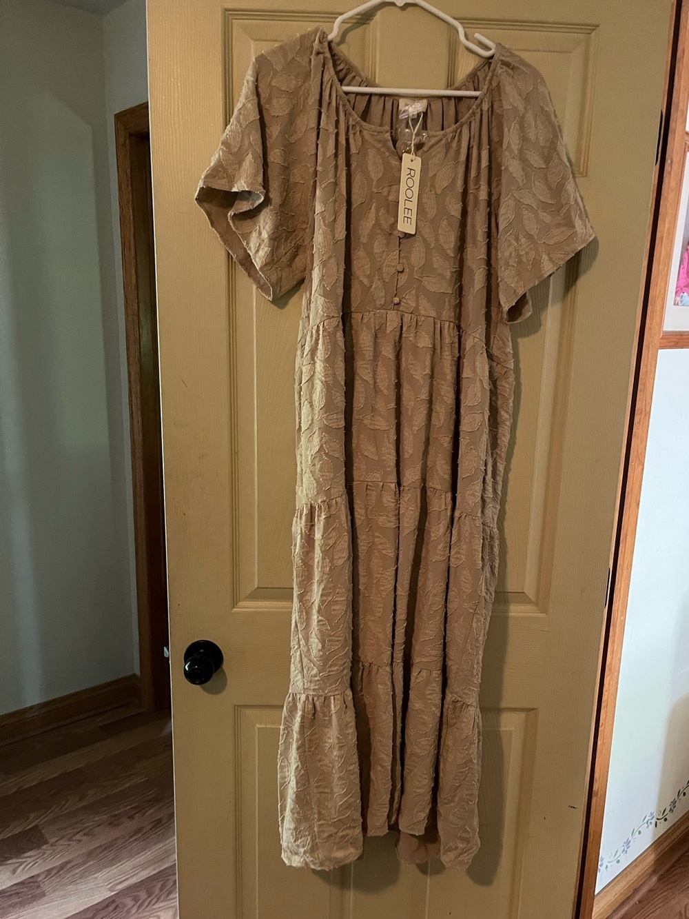 Roolee Taupe Textured Tiered Maxi Dress with Button Front
